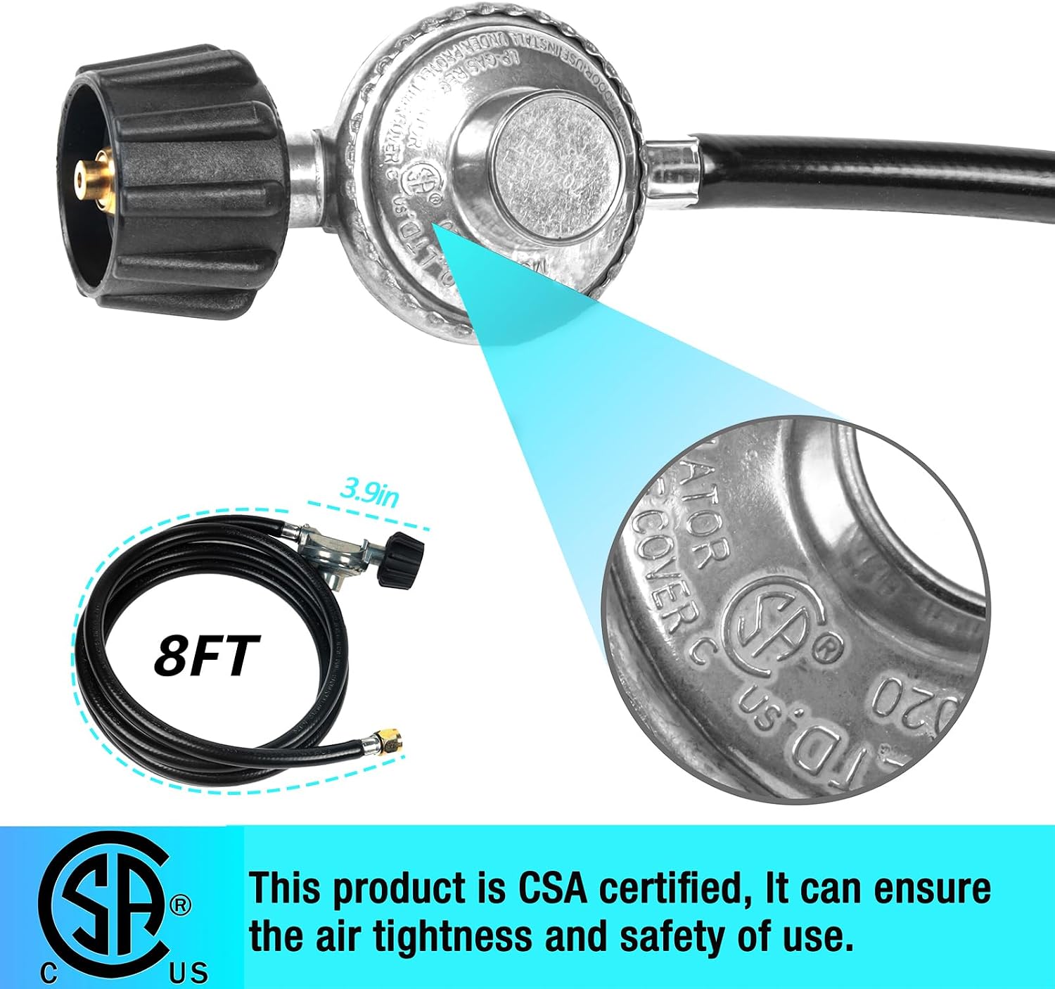 8 FT Gas Grill Regulator Hose Replacement Low-Pressure Propane Regulatorand Hose for Backyard BBQ & Patio Heating, Fits Weber Charbroil Nexgrill Grills, Fire Pits