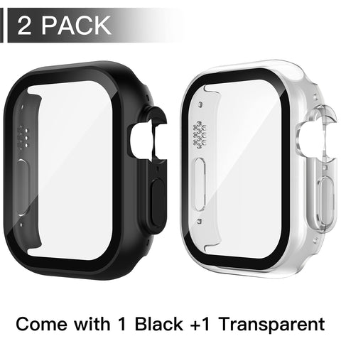 Misxi 2 Pack PC Case Built-in Tempered Glass Screen Protector Compatible with 49mm Apple Watch Ultra 2 / Ultra, Shockproof Overall Protective Cover with Button for iWatch, 1 Black + 1 Transparent
