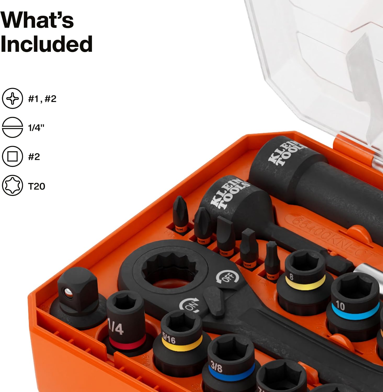 Klein Tools 65400KNECT KNECT Essential Pass Through Impact Socket Set, SAE and Metric, 90-Tooth Ratchet, MODbox Case, 3/8-Inch Drive, 28-Piece