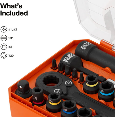 Klein Tools 65400KNECT KNECT Essential Pass Through Impact Socket Set, SAE and Metric, 90-Tooth Ratchet, MODbox Case, 3/8-Inch Drive, 28-Piece