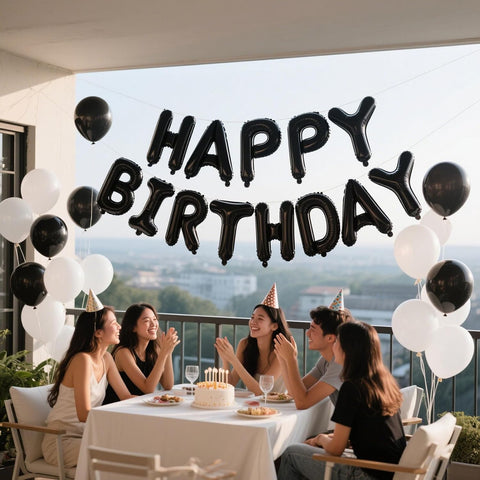 Black Happy Birthday Balloon Banner Set -16 Inch Foil Letters Balloons, Reusable Birthday Decorations and Party Supplies, Suitable for Men and Women's Birthday Decorations，Party Backdrop