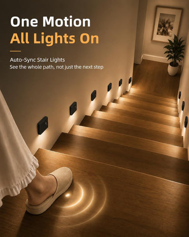 EZVALO 6 Pack Motion Sensor Night Lights with Charging Station, Sync LED Stair Lights Indoor, 1500mAh Rechargeable, Magnetic & Dimmable, 3000K Soft White, Portable Nightlight for Hallway (Black)
