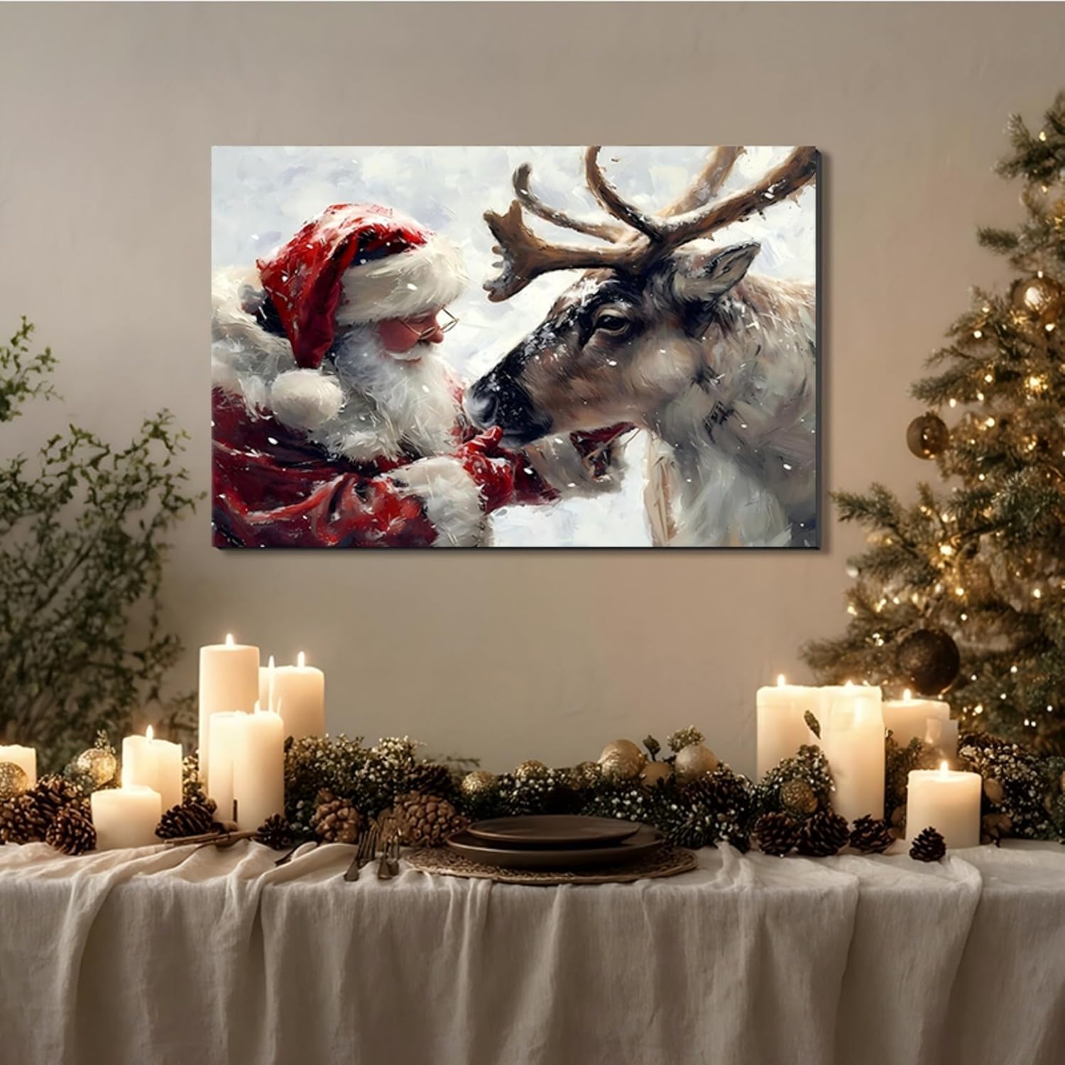 Santa's Reindeer Framed Christmas Canvas Wall Art for Living Room, Winter Pictures Wall Decor Painting Prints for Bedroom, Santa Christmas Art, 24x36 Poster Artwork for Wall Decorations
