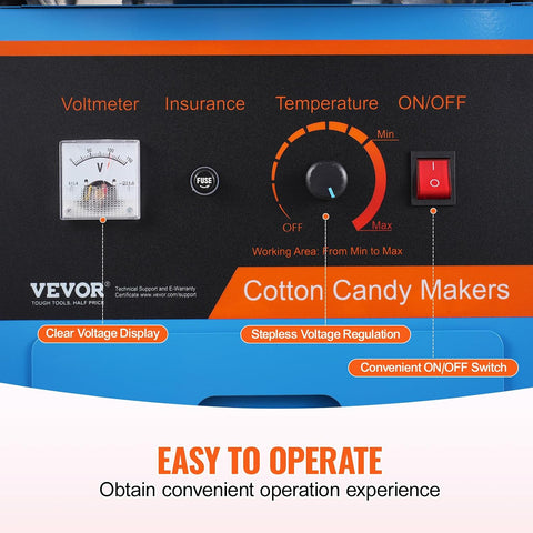VEVOR Electric Cotton Candy Machine Cart with Cover, 1000W Commercial Floss Maker w/Stainless Steel Bowl, Sugar Scoop and Drawer, Perfect for Home, Carnival, Kids Birthday, Family Party, Blue