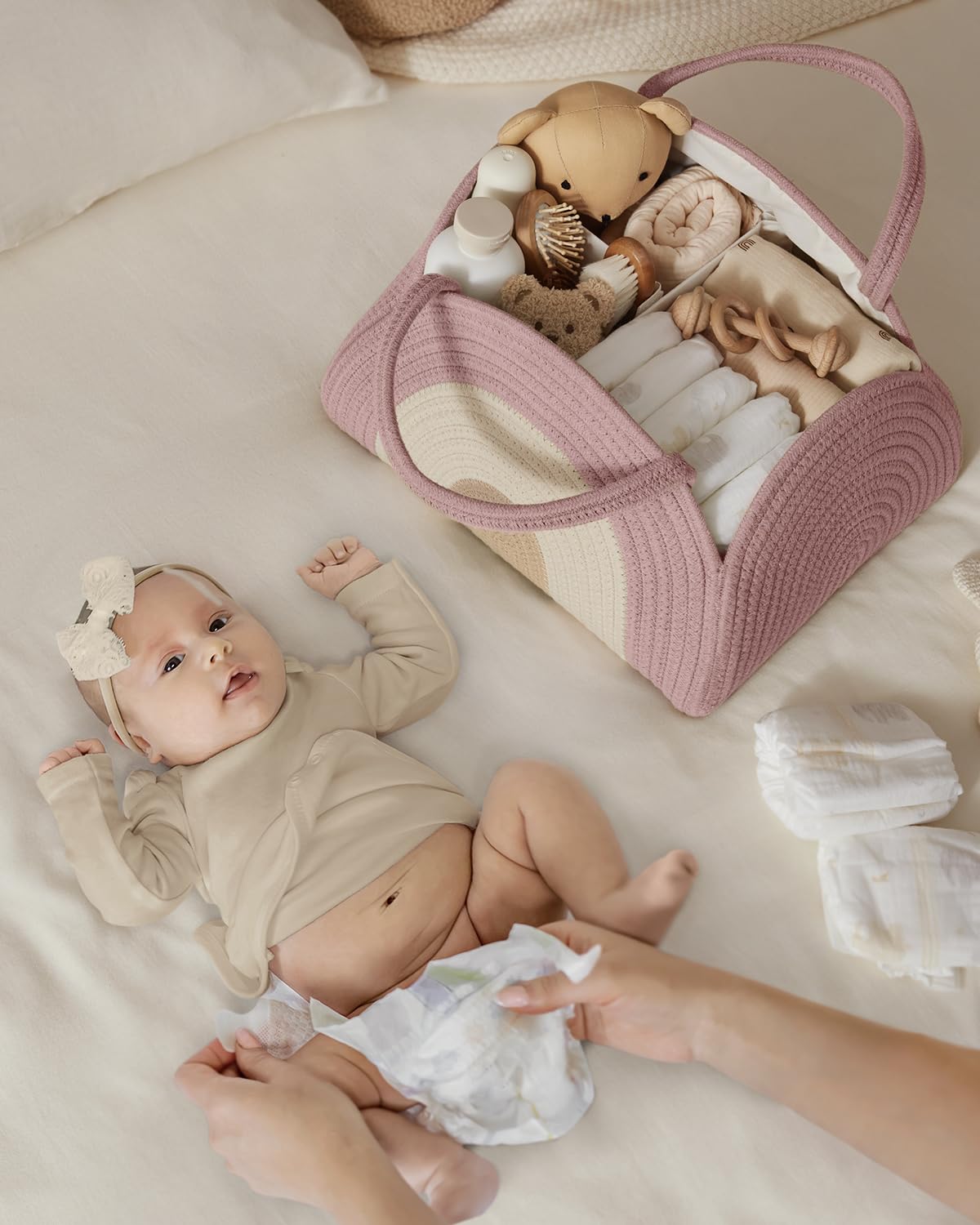 Blissful Diary Diaper Caddy Organizer, Woven Cotton Rope, Blush Rainbow