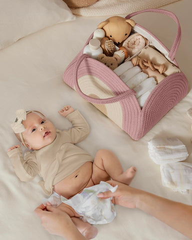 Blissful Diary Diaper Caddy Organizer, Woven Cotton Rope, Blush Rainbow