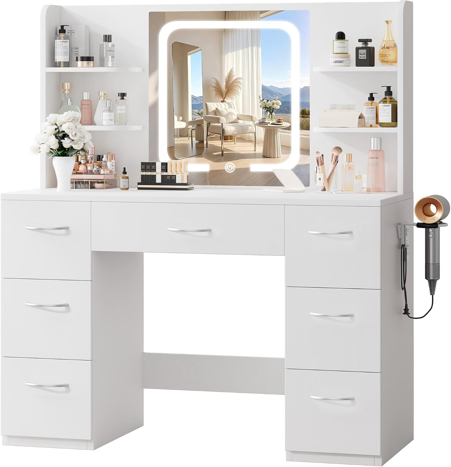 LIVELYGLOW 43" Large White Makeup Vanity Desk with Charging Station