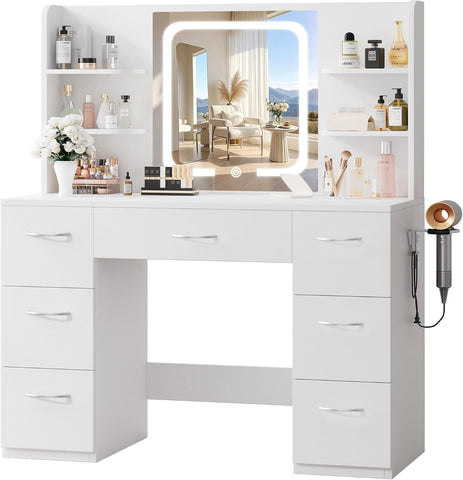 LIVELYGLOW 43" Large White Makeup Vanity Desk with Charging Station