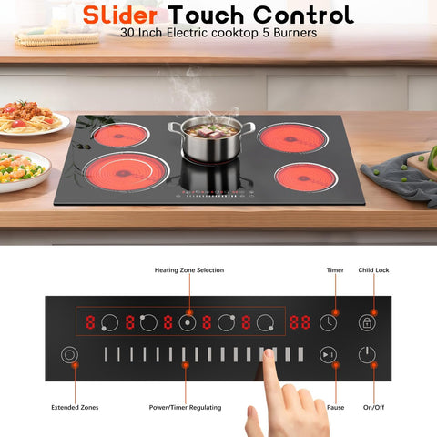 30 Inch Electric Cooktop 8400W 5 Burner Ceramic Cooktop Built-in