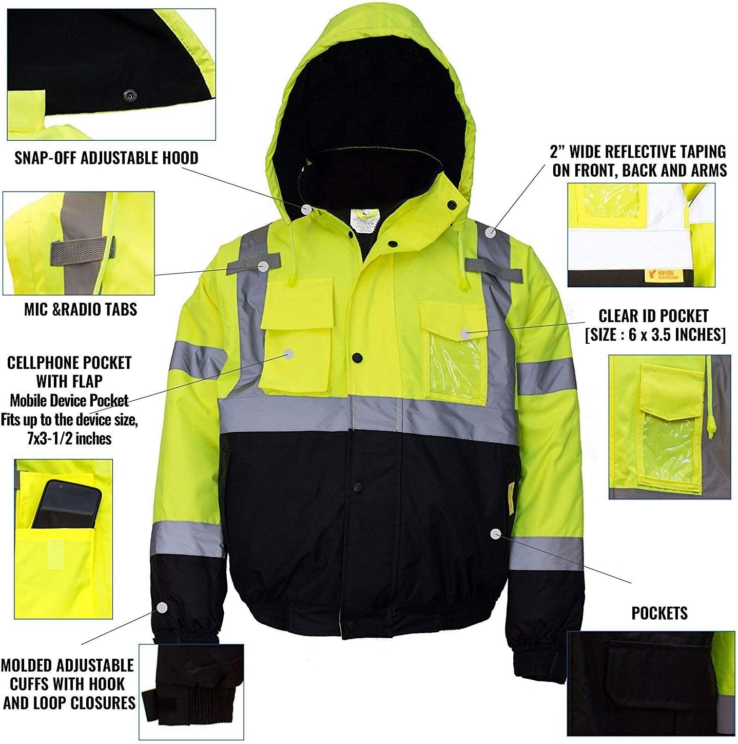 WJ9011/12 Men's ANSI Class 3 High Visibility Bomber Safety Jacket, Waterproof