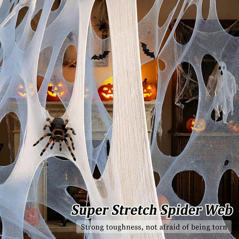 2000 Sqft （After Streched with Holes） Uncut Giant Spider Web Halloween Decorations Outdoor with 10 Ground Nails Stretchy Beef Cloth Netting Cut-Your-Own Flexible Elastic for Yard Party Decor