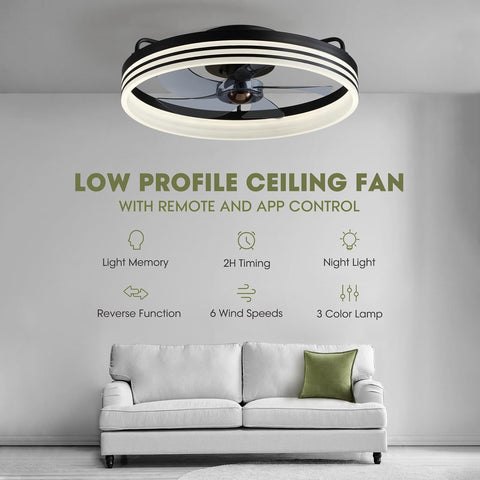 LUDOMIDE Ceiling Fan with Light, Flush Mounted Ceiling Fan with Lights, 6 Wind Speeds Smart Low Profile Fan for Bedroom, Kids Room and Living Room 20" (Black)