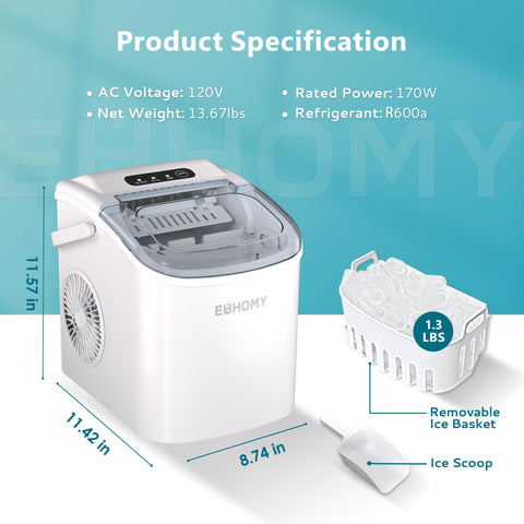 EUHOMY Countertop Ice Maker Machine with Handle, 26lbs Per Day, 9 Ice Cubes Ready in 6 Mins, Auto-Cleaning Portable Ice Maker with Basket and Scoop, for Home/Kitchen/Camping/RV (White)