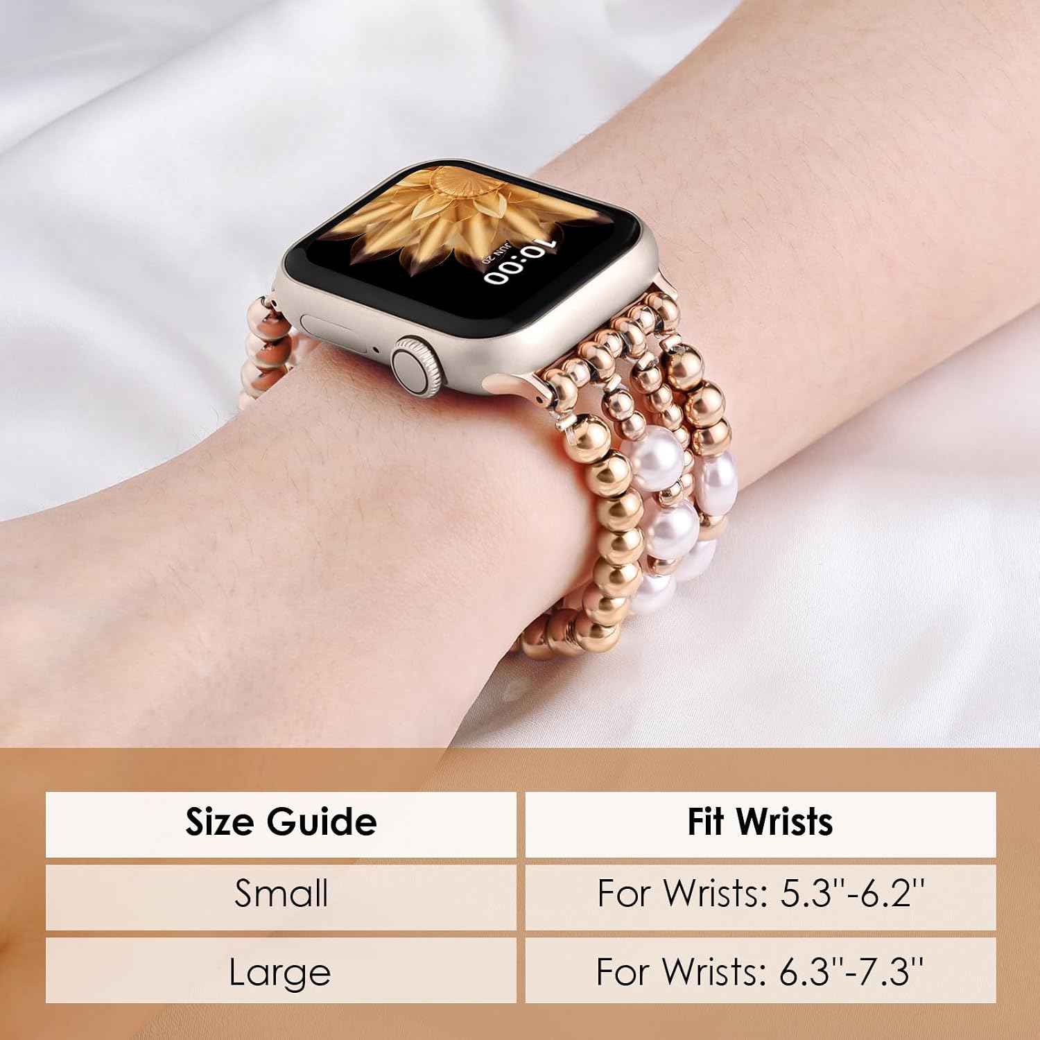 AIRSPO Gold Beaded Bracelets Compatible for Apple Watch Band 38mm 40mm 41mm 42mm Women, Fashion Handmade Dressy iPhone Watch Bands Stainless Steel Beads Elastic Strap for iWatch Series 11 10 9 SE 8 7 6 5 4 3 2 1 (Pink Pearl Rose Gold)