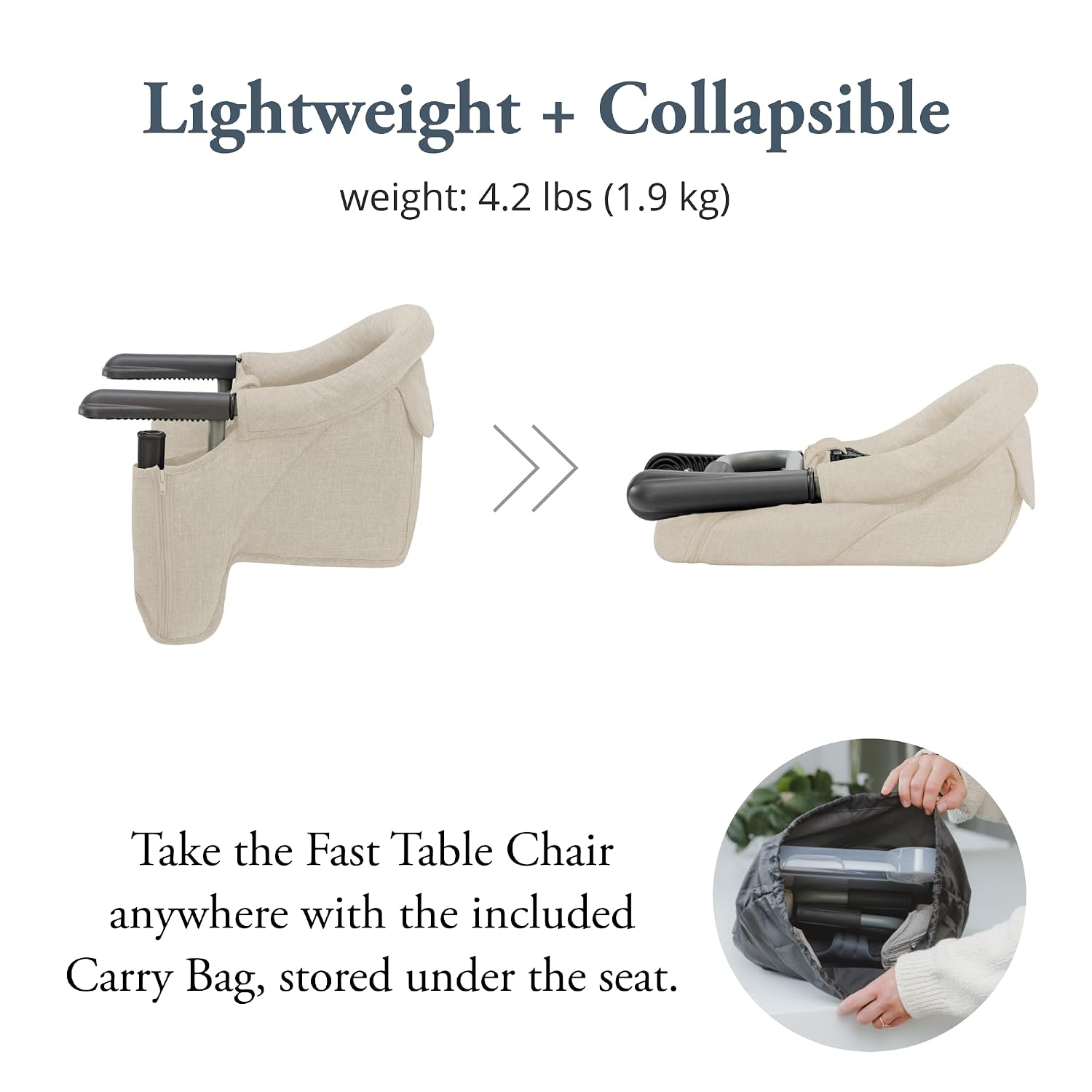 Inglesina Fast Table Chair, Desert Beige - Portable Baby High Chair - for Babies & Toddlers up to 37 lbs - Collapsible - Fits Tables 0.8'' to 3.5'' Thick - Compact & Easy to Use - Travel Bag Included