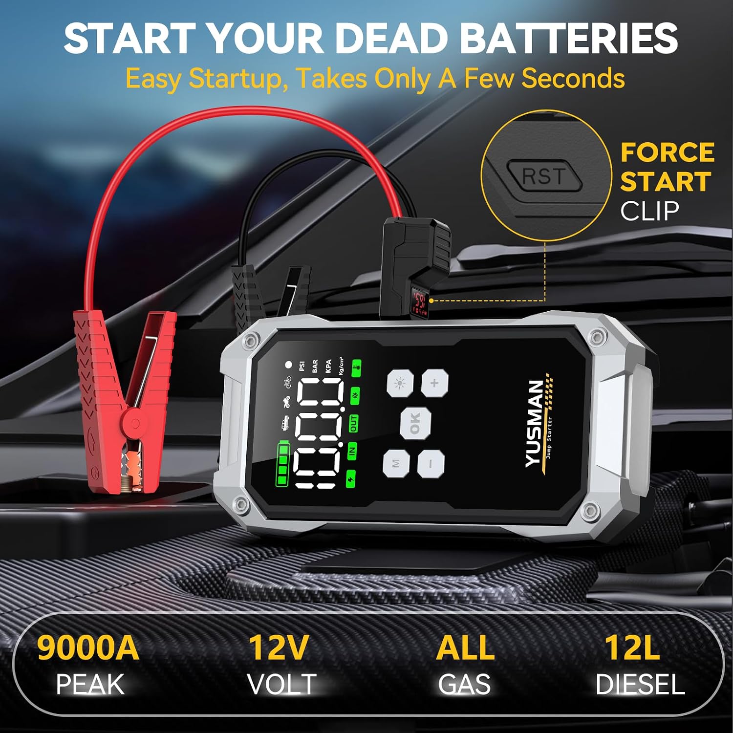YUSMAN Jump Starter with Air Compressor, 9000A 160PSI Battery Booster Pack