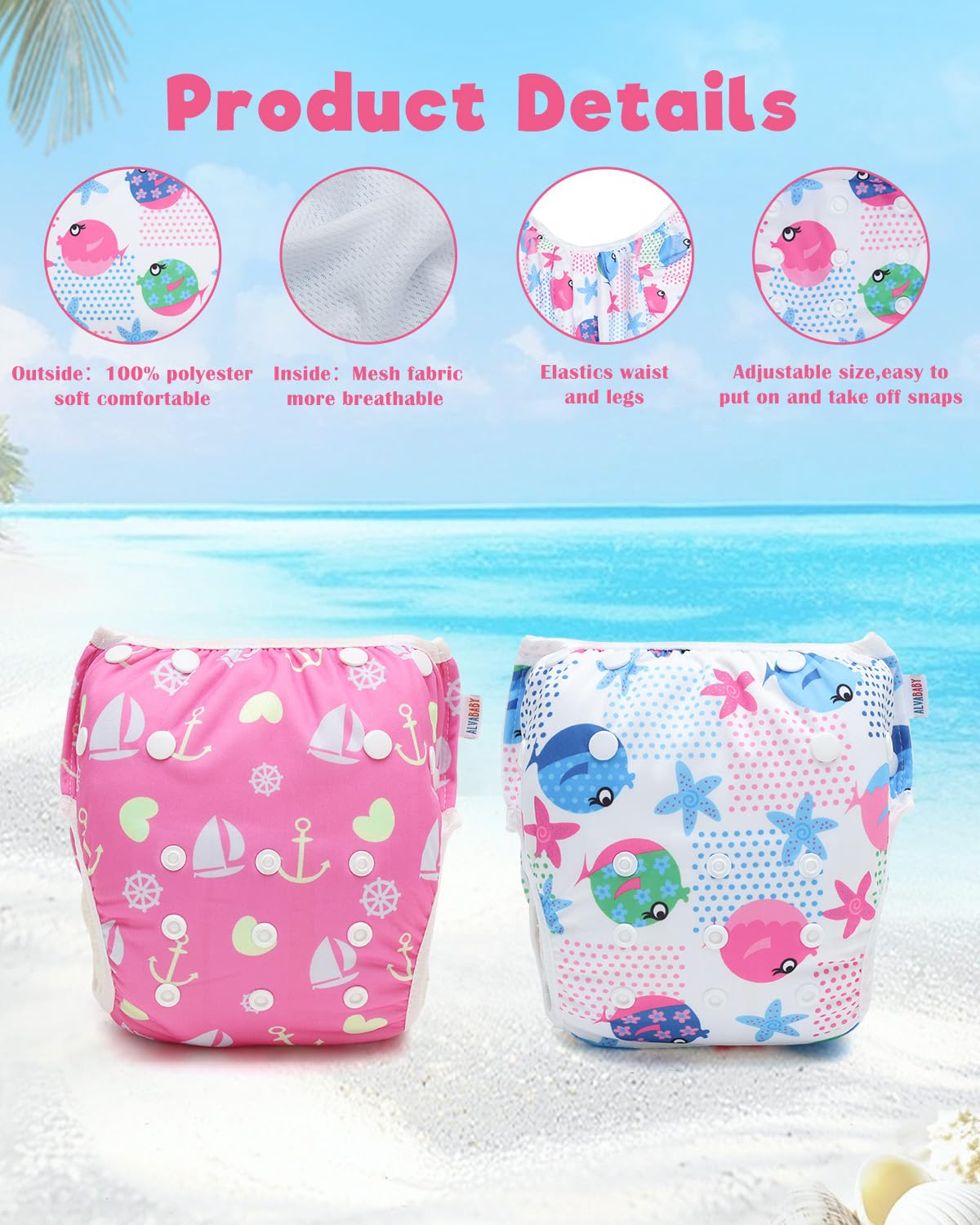 ALVABABY Swim Diapers 2pcs Reusable Baby Girl Swim Diaper 0-8 Months Adjustable Snap Washable Infant Toddler Swimming Diaper for Pool Beach & Swim Lessons-Waterproof PUL Leak-Proof UPF 30+ Small Size