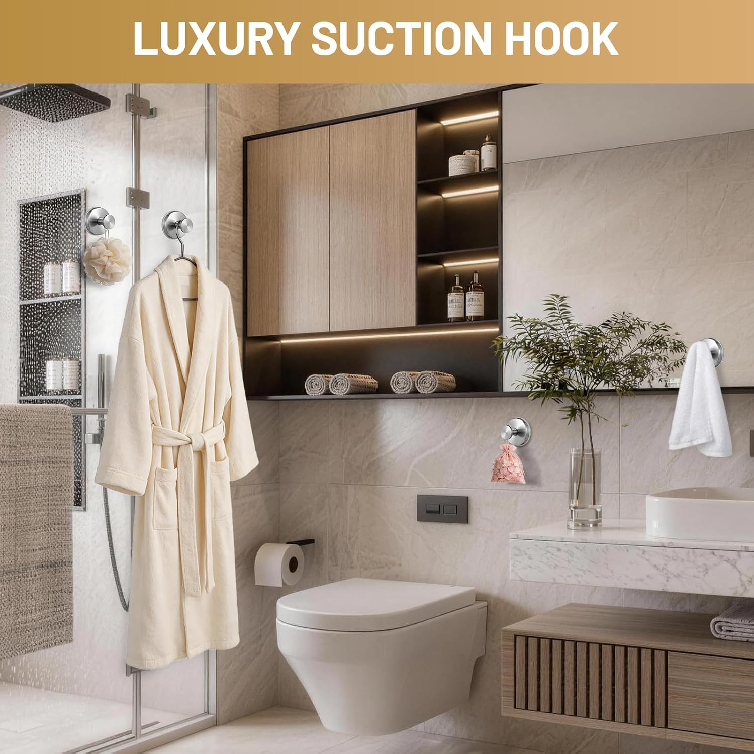 Large Suction Cup Hooks, Heavy Duty 15lb Holds Towel & Robe, No-Drill Shower Bathroom Hooks for Tile Wall Glass Mirror, Mounts on Smooth Non-Porous Surfaces (2 Pack, Brushed Nickel)