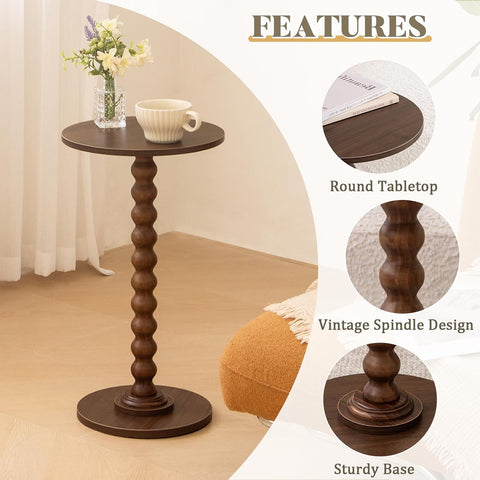 Fultyle Small Round Side Table, Walnut End Table for Small Spaces, Modern Drink Table Accent Table with Solid Wood Leg for Living Room, Bedroom, Corners, and Office (Walnut Brown)