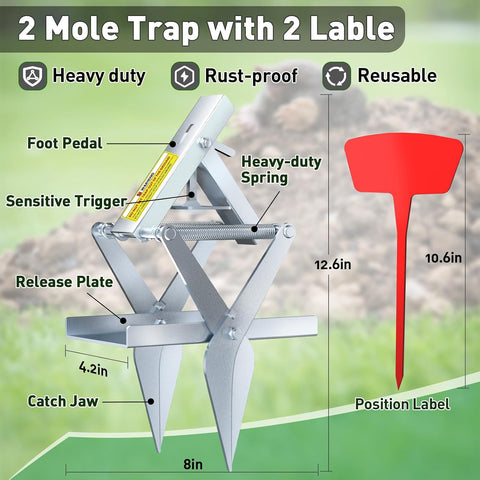 Mole Traps, 2 Pack Scissor Mole Trap with Rust-Proof Steel & High-Resilience Spring, Reusable Outdoor Mole Killer for Lawn, Garden & Farm, One-Step Setup, Quick Capture Gopher & Vole Trap