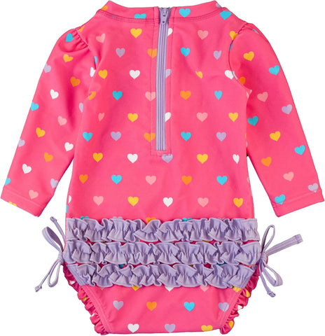 RuffleButts Baby Girl Polka Dot Rash Guard - UPF 50+ Swimsuit