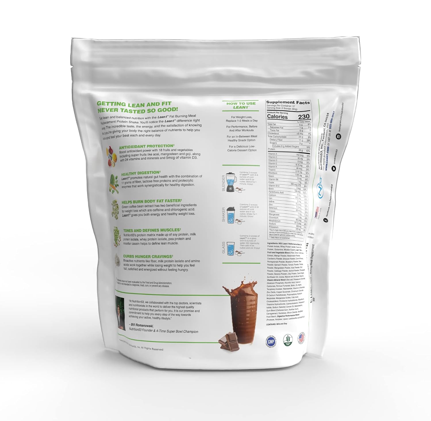 Lean1 Chocolate, Meal Replacement Protein Shake, 37 Servings in a 5lb Bag