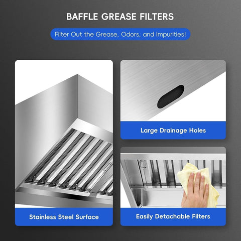 7FT Commercial Exhaust Hood with 3 Detachable U-shaped Grid Oil Filter Mesh