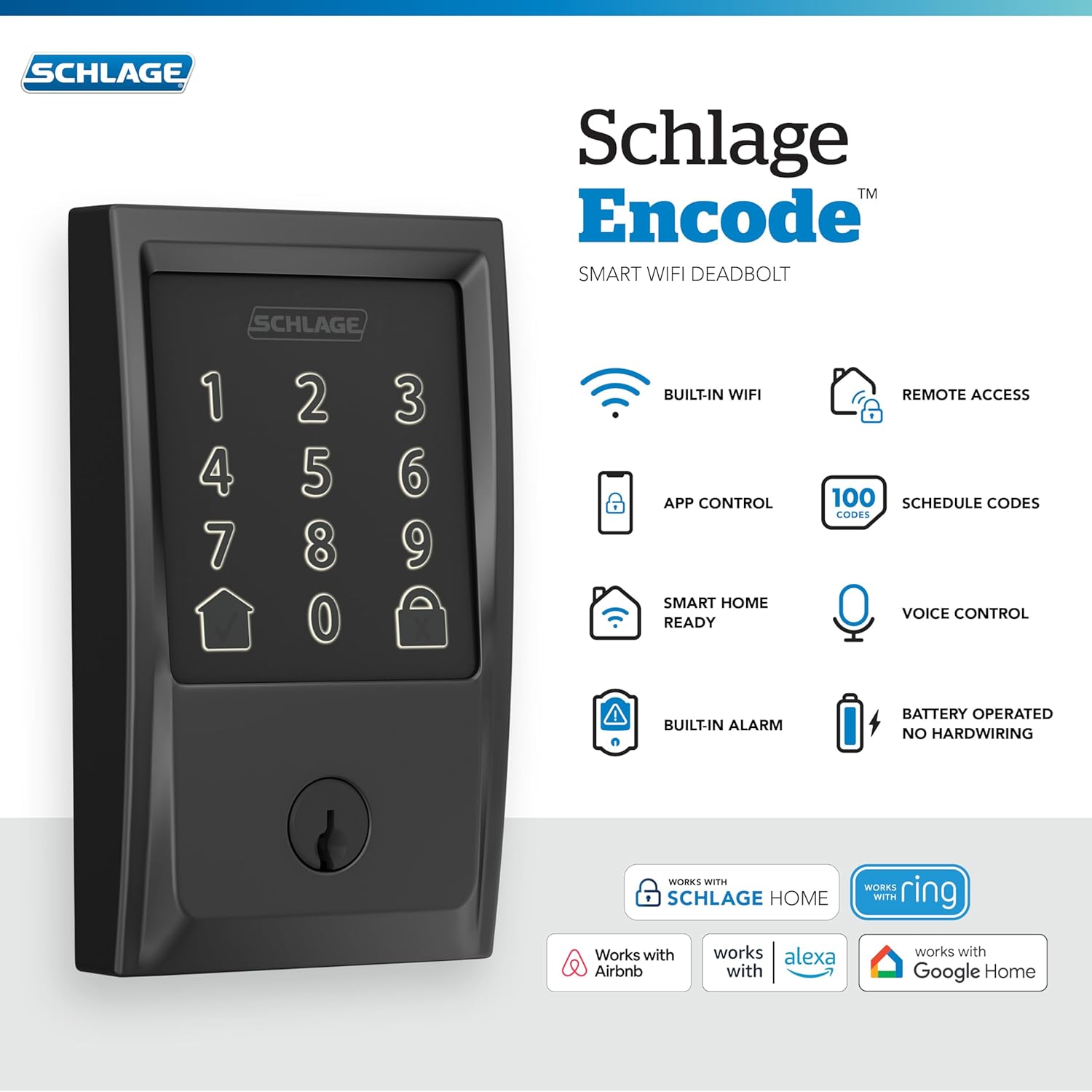 Schlage Encode Smart WiFi Deadbolt Lock with Century Trim, Matte Black