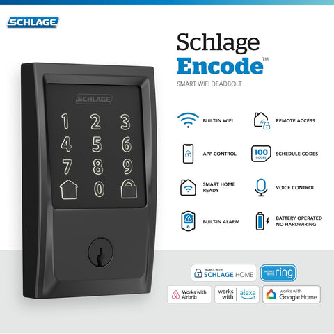 Schlage Encode Smart WiFi Deadbolt Lock with Century Trim, Matte Black