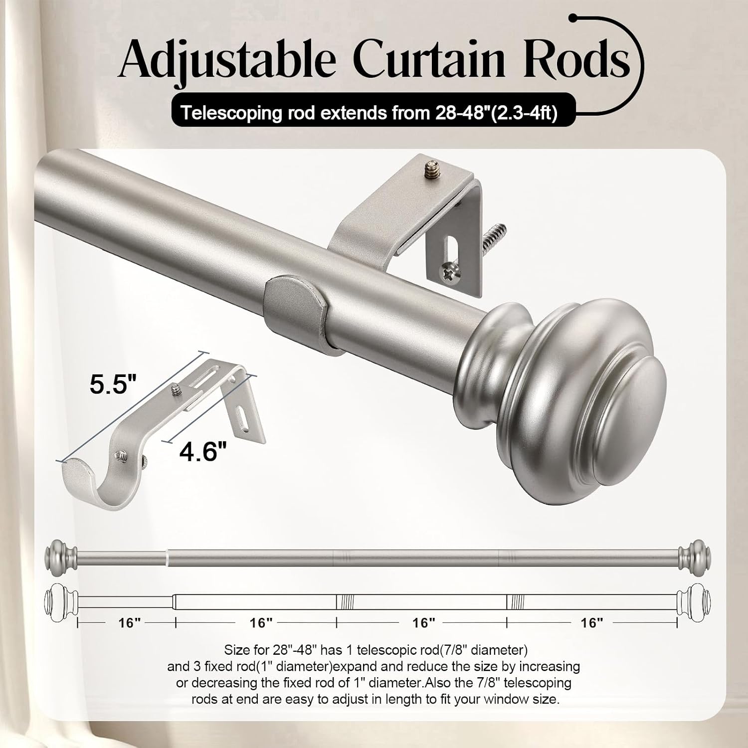 SIMEWIN Heavy Duty Curtain Rods for Windows 28 to 48 Inches, 1 Inch Silver Curtain Rods for Bedroom, Living Room, Patio, Kitchen, Adjustable Curtain Rods with Classic Finials, Silver Finishing