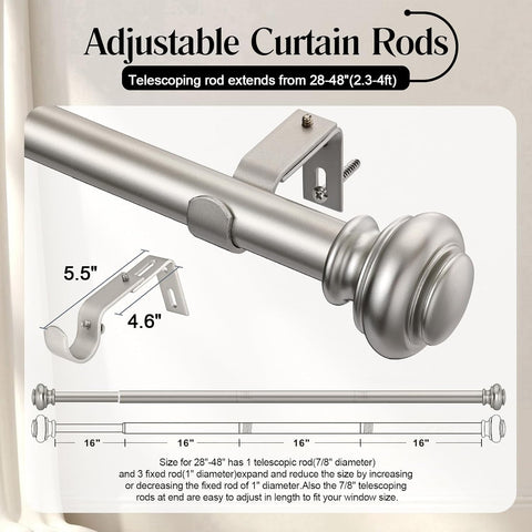 SIMEWIN Heavy Duty Curtain Rods for Windows 28 to 48 Inches, 1 Inch Silver Curtain Rods for Bedroom, Living Room, Patio, Kitchen, Adjustable Curtain Rods with Classic Finials, Silver Finishing