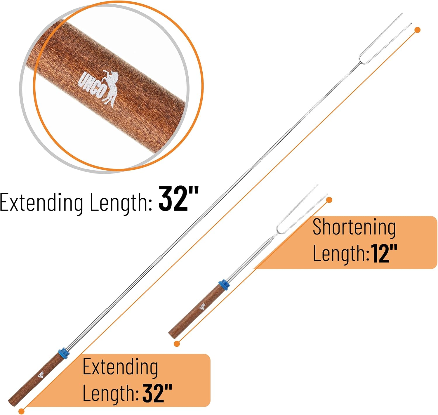 UNCO- Marshmallow Roasting Sticks, 32”, 5 Pack, Dark Brown Wooden Handle, Extendable Stainless Steel Smores Sticks for Fire Pit, Smores Skewers, Campfire Cooking Equipment