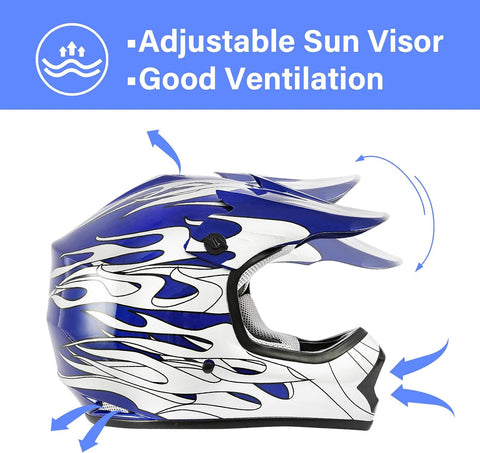 TCT-MOTORPARTS DOT Kids Youth Motocross Helmets ATV Off-Road Dirt Bike Motorcycle Full Face Blue Flame Helmet+Gloves+Goggles Large