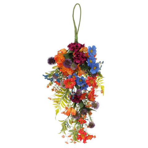 POTRUWE 2Pack Artificial Daisy and Wild Flower Teardrop Wreath, 22.8Inch Fake Flowers Rose and Green Leaves Spring Summer Teardrop Swags for Front Door Indoor Outdoor Window