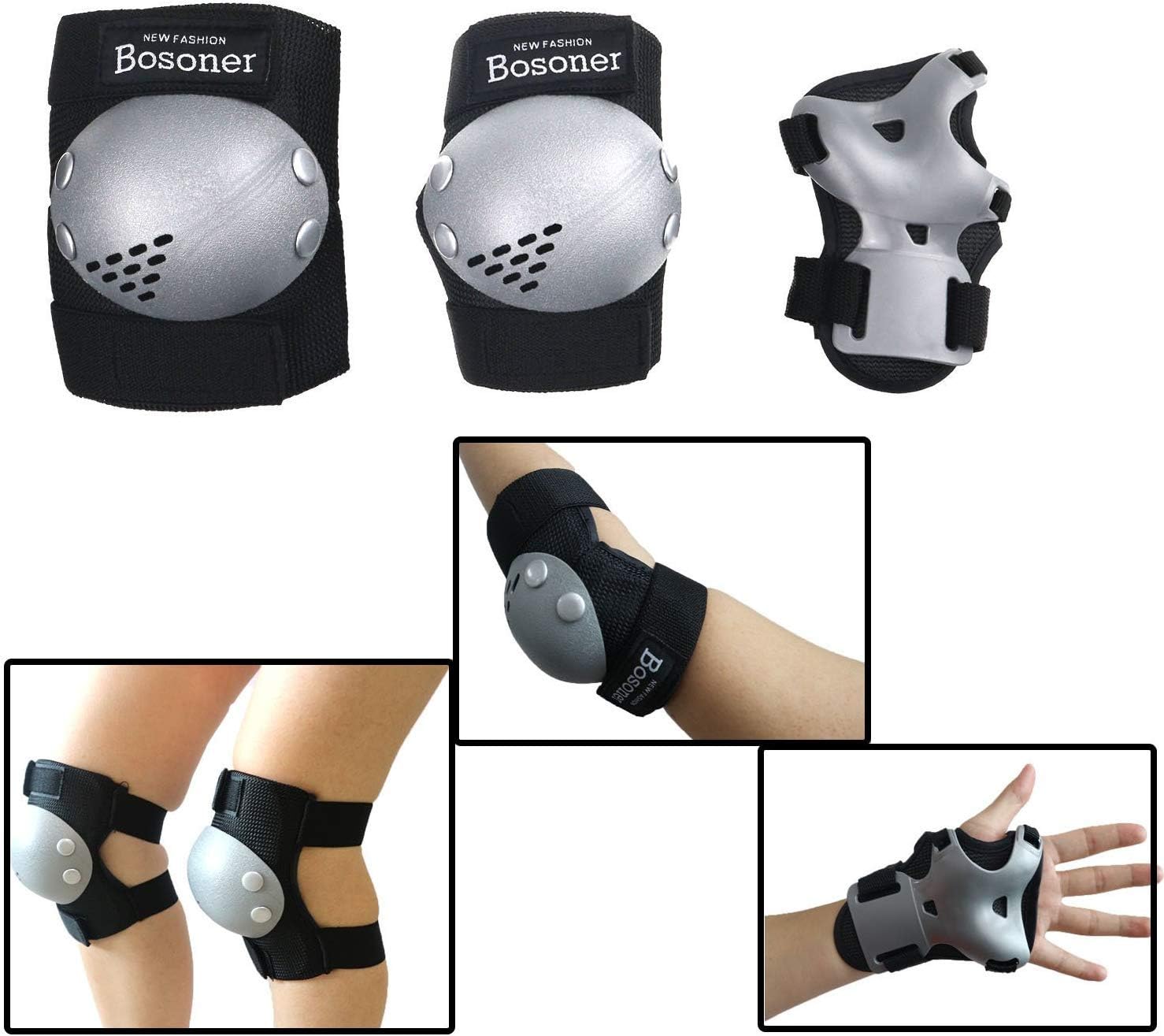BOSONER Kids/Youth Knee Pads Elbow Pads Wrist Guards Set for 3-15 Years, Child Protective Gear Set for Roller Skates, Cycling, BMX Bike, Skateboard, Inline Skating, Scooter Riding Sports…