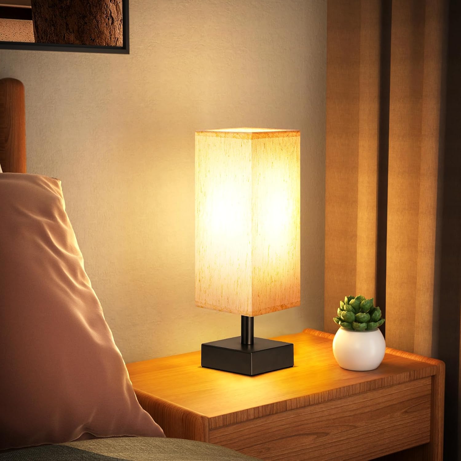 aooshine Small Bedside Table Lamp for Bedroom - Square Cream Fabric Shade