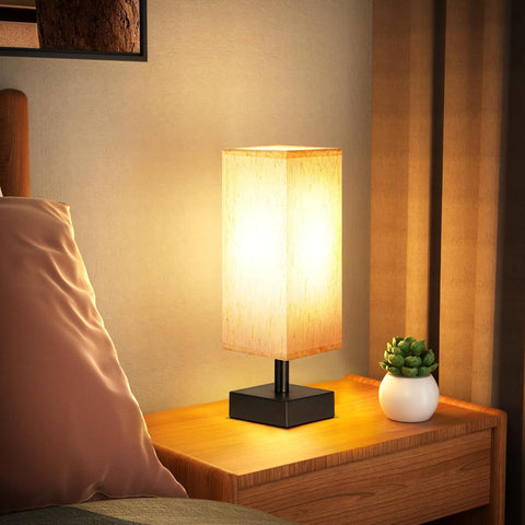 aooshine Small Bedside Table Lamp for Bedroom - Square Cream Fabric Shade