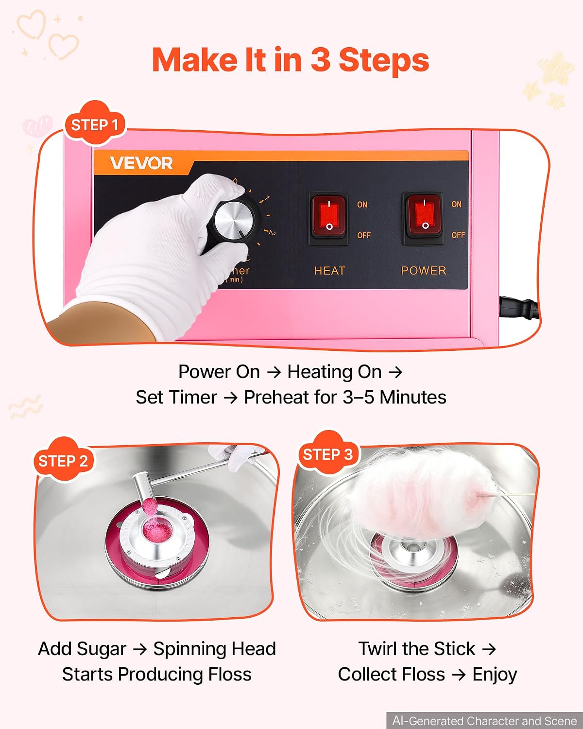 VEVOR Commercial Cotton Candy Machine, 1000W Electric Candy Floss Maker