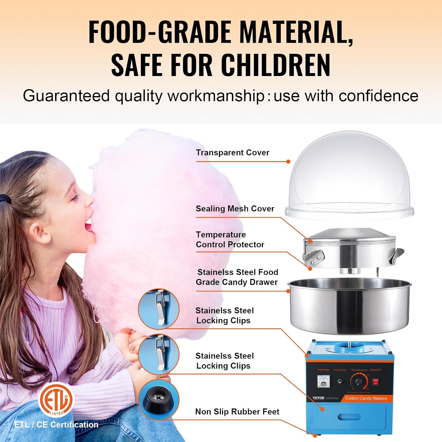 VEVOR Electric Cotton Candy Machine with Cover, 1000W Commercial Floss Maker w/Stainless Steel Bowl, Sugar Scoop and Drawer, Perfect for Home, Carnival, Kids Birthday, Family Party, Blue