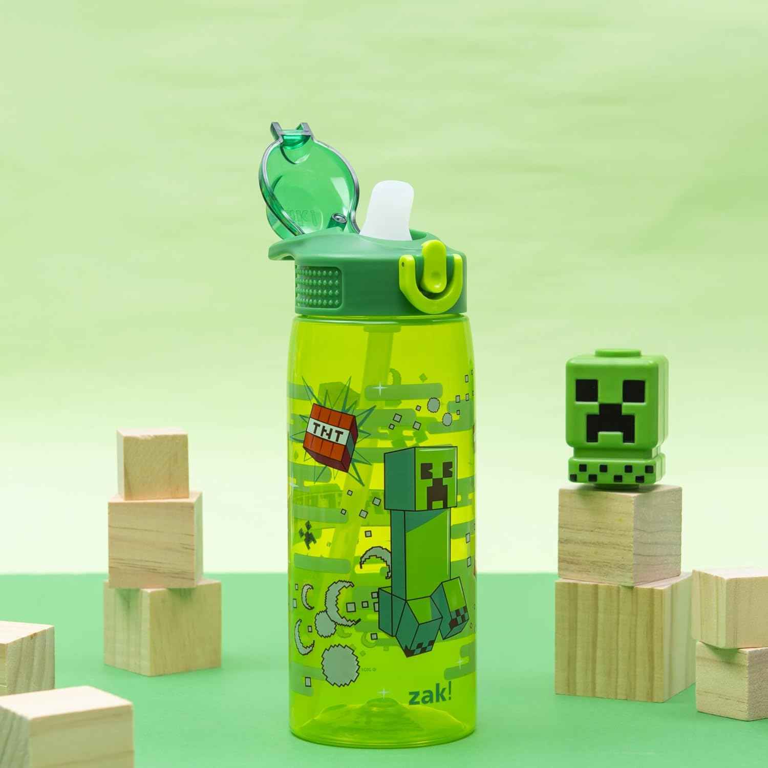 Zak Designs Minecraft Creeper Sage 25oz Leak-Proof Straw Kids Water Bottle