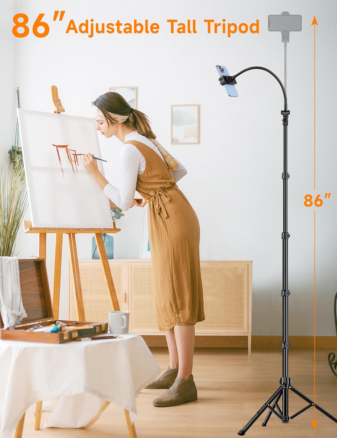 Phone Tripod, 86" Tall Tripod for iPhone with Flexible Gooseneck & Remote