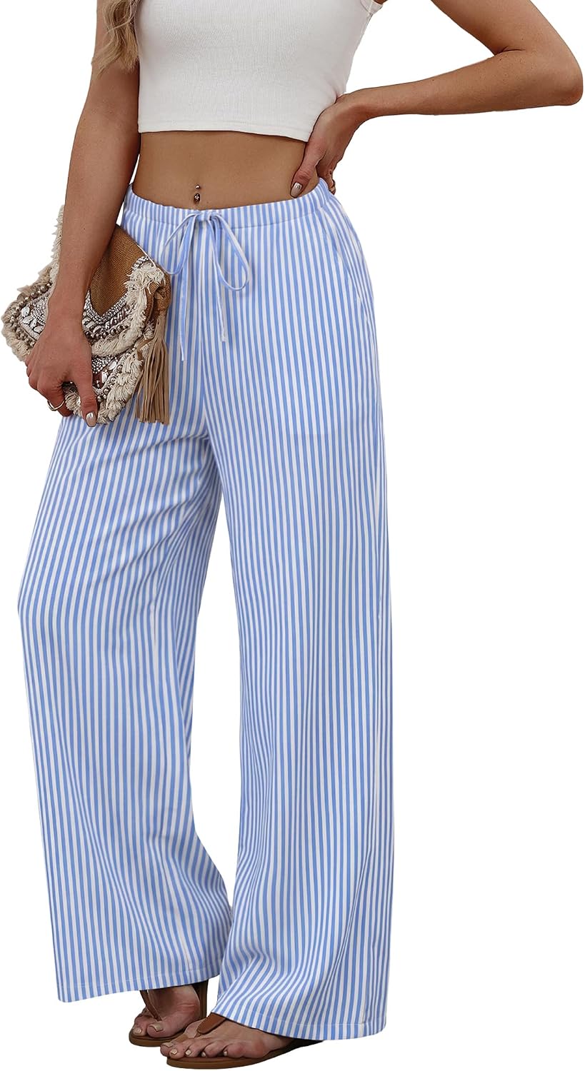 Sampeel Wide Leg Pants for Women Flowy Palazzo Drawstring Elastic Waist Trousers with Pockets Summer Beach Vacation Clothes