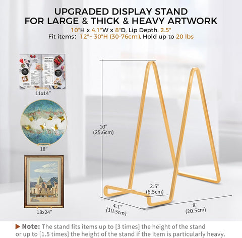 Large Plate Holder Display Stand - 10 inch Tall Plate Stands for Display - Metal Picture Frame Stand - Big Tabletop Easel Stand for Decorative Plates | Platter | Book | Plaque | Tile - 3 Pack - Gold