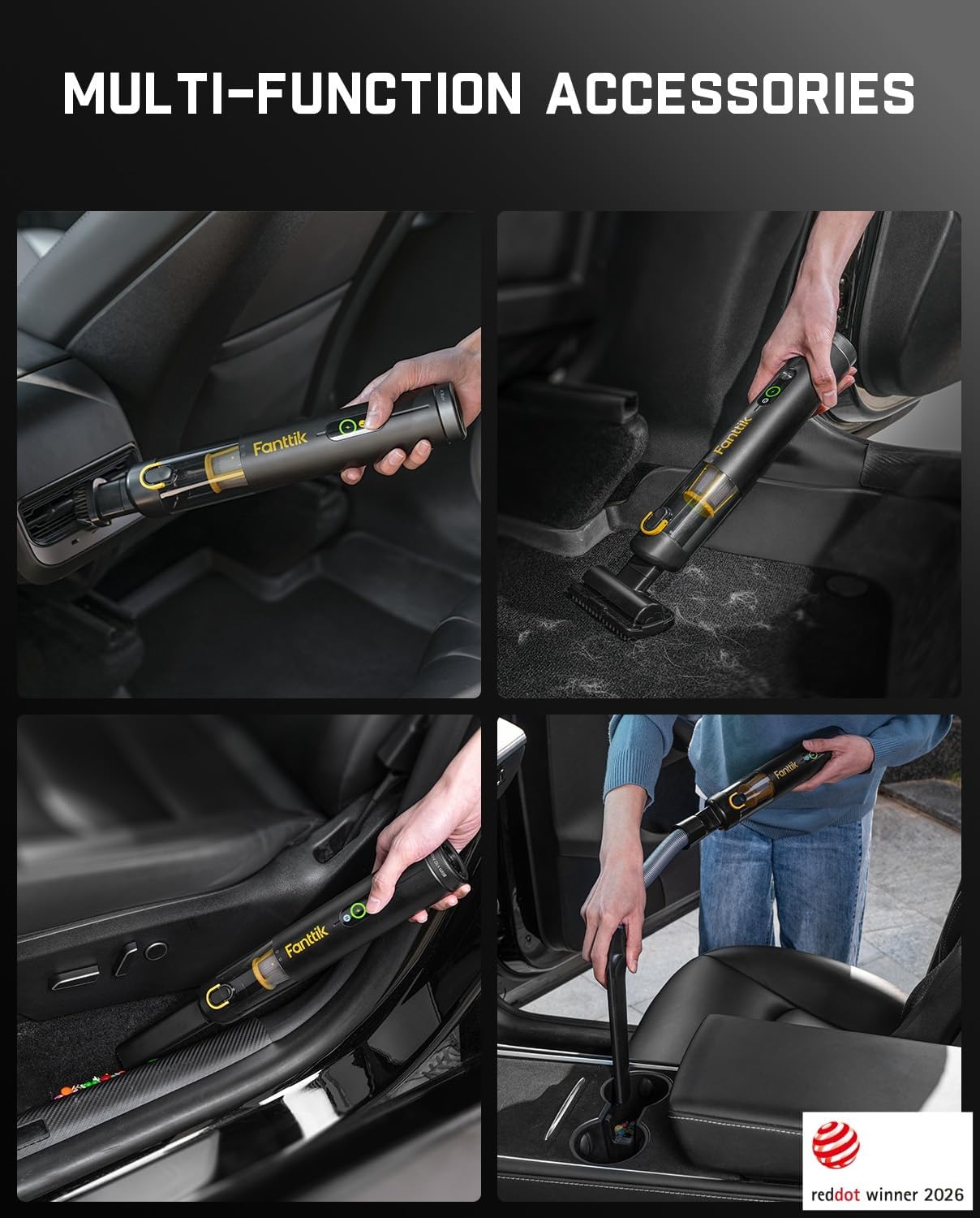 Fanttik Slim V10 APEX Cordless Car Vacuum, 4-in-1 Portable Mini Handheld Vac, Upgraded Smart Digital Display, 19kPa Suction Power, 2 Suction Modes for Small Jobs, Car, Office Desk, Keyboards (Black)