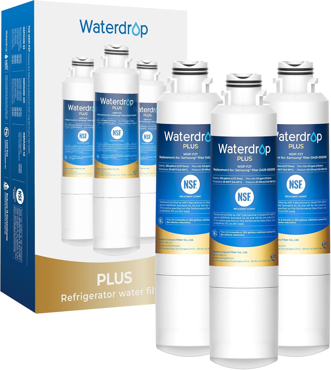 Waterdrop Plus WDP-F27 NSF 401 Certified Refrigerator Water Filter, 3 Pack