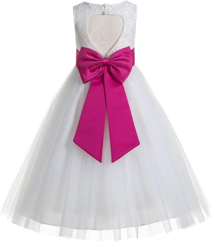 Floral Lace Heart Cutout Ivory Flower Girl Dress Junior Bridesmaid Pageant Gown