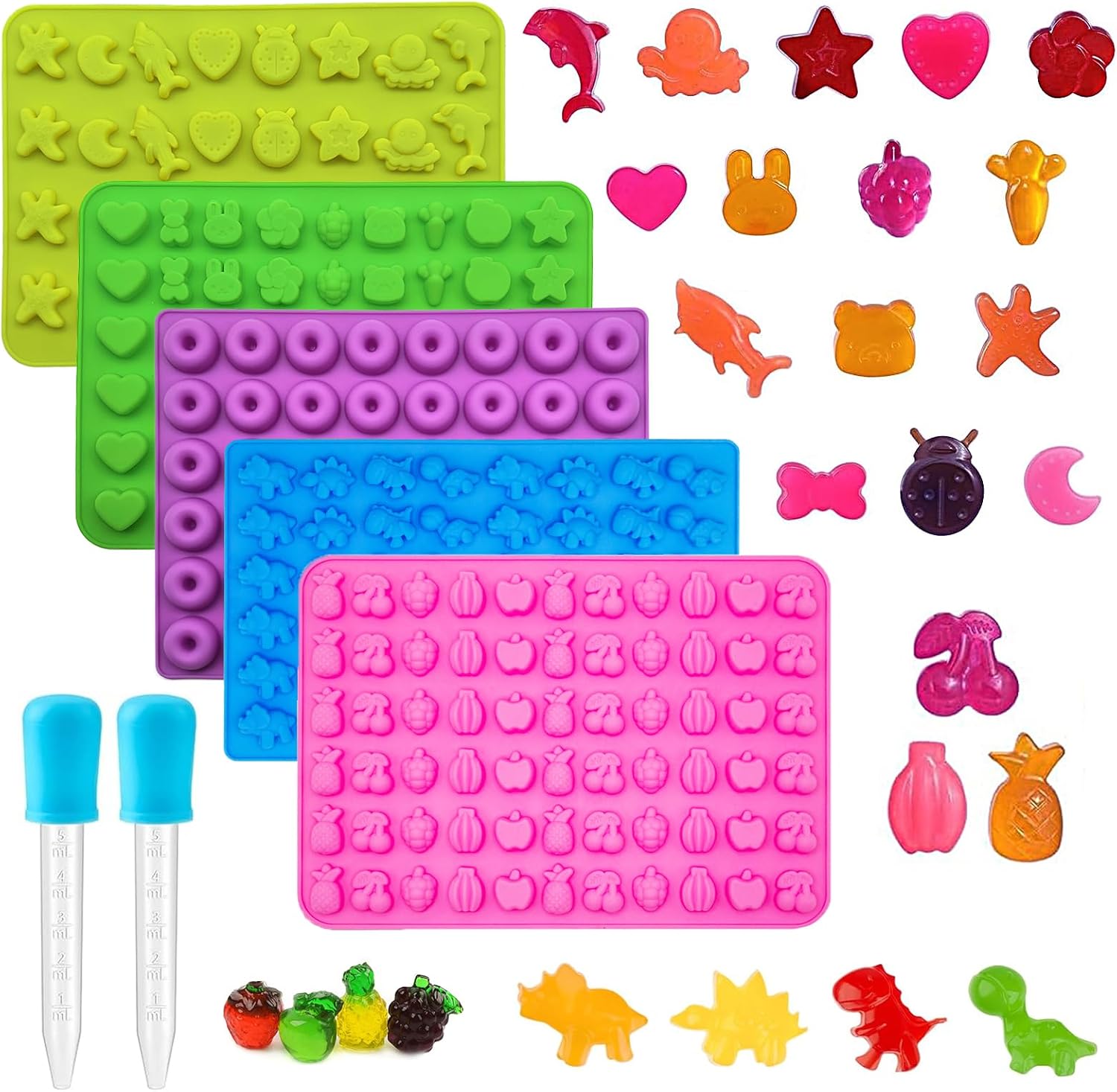 5Pcs Gummy Candy Molds - Silicone Gummy Dinosaur/Marine Animal/Donut/Small Hearts Shapes/Fruit Snack Mold with 2pcs Dropper,Non-stick and Bpa Free for Mini Candy Chocolate Gummies Baking