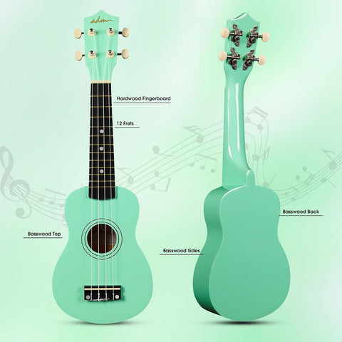 ADM Ukulele for Beginners Hawaiian Wood Ukelele Kit for Kids Adult Student Starter Professional Ukalelee Pack Bundle with Free Lessons Gig Bag Strap Nylon String Tuner (Cyan Green, 21 Inch)