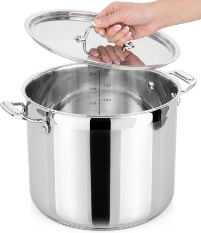NutriChef 16-Quart Stainless Steel Stockpot - 18/8 Food Grade Heavy Duty Large Stock Pot for Stew, Simmering, Soup, Includes Lid, Dishwasher Safe, Works w/Induction, Ceramic & Halogen Cooktops