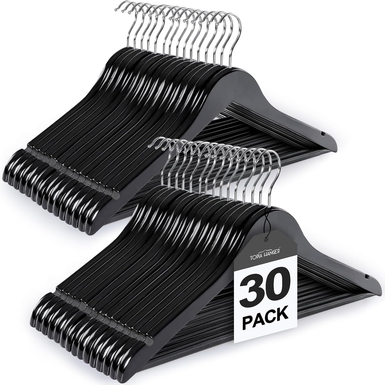 TOPIA HANGER Wooden Coat Hangers 30 Pack, Black Wood Suit Hangers